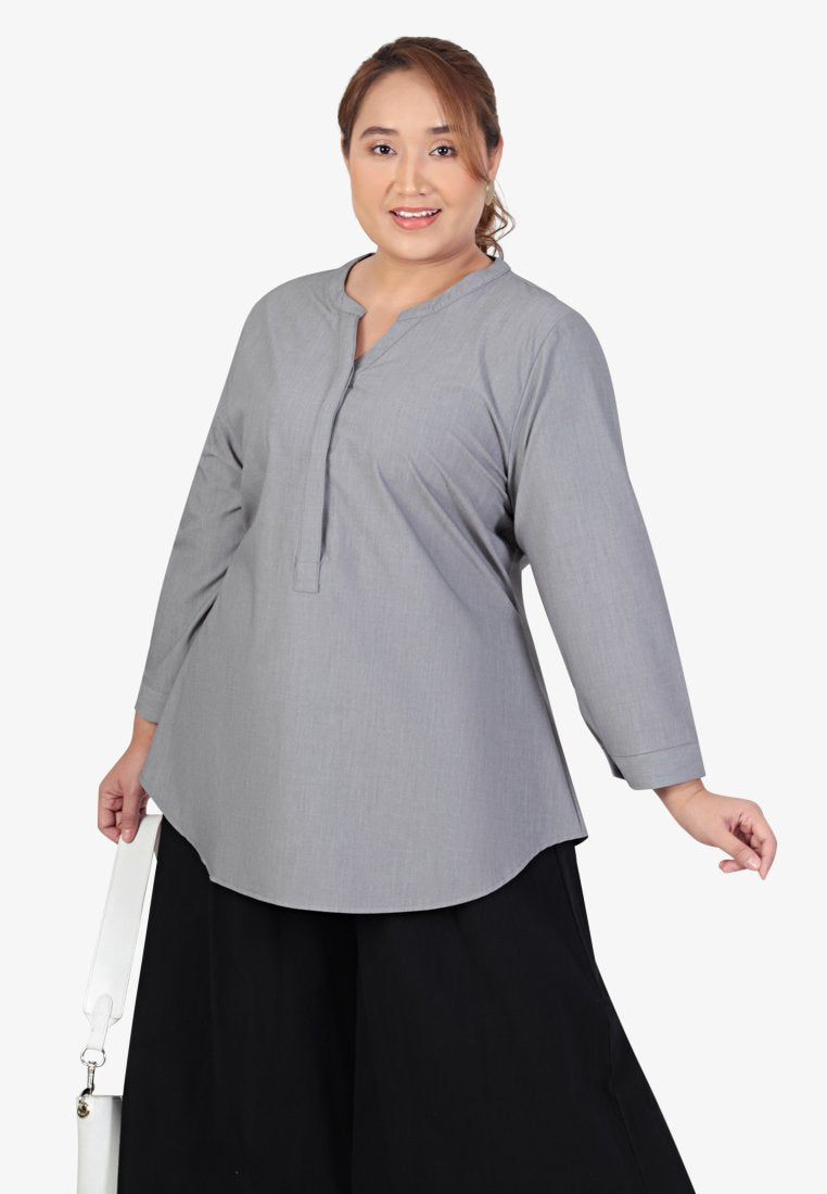 Hildy 7/8 Sleeves Half Button Blouse - Grey