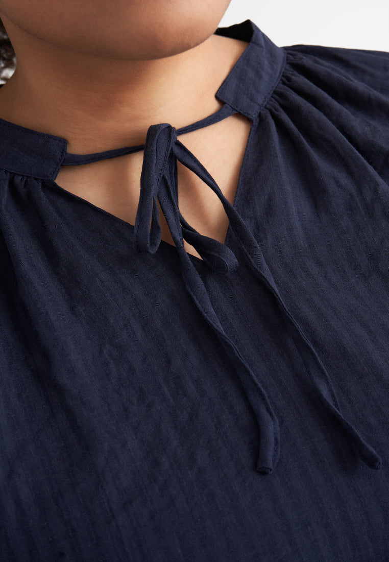 Katerina Cotton Tie Front Tunic Top - Dark Blue