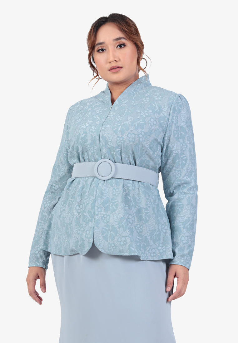 Lamia Raya Elegant Belted Lace Kurung Set - Light Blue