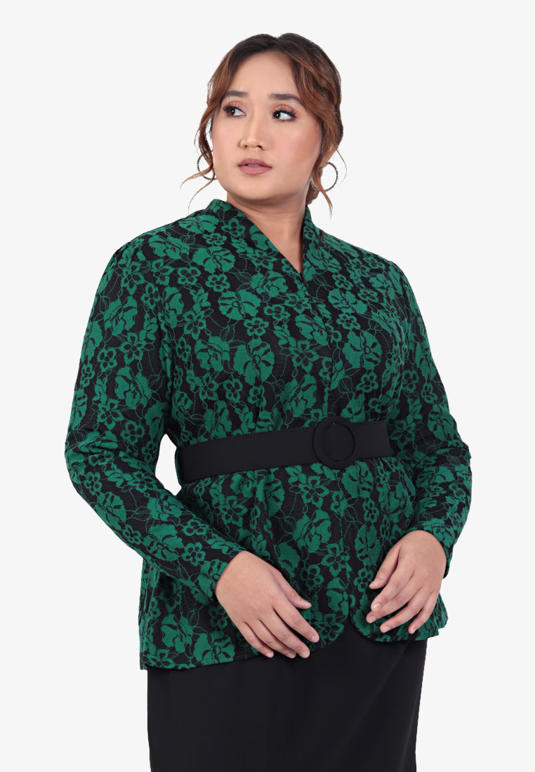 Lamia Raya Elegant Belted Lace Kurung Set - Green