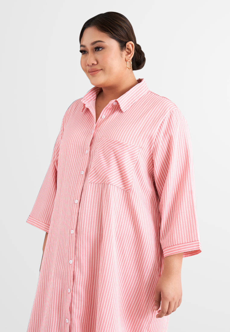 Leandra Stripes Long Shirt Dress - Pink