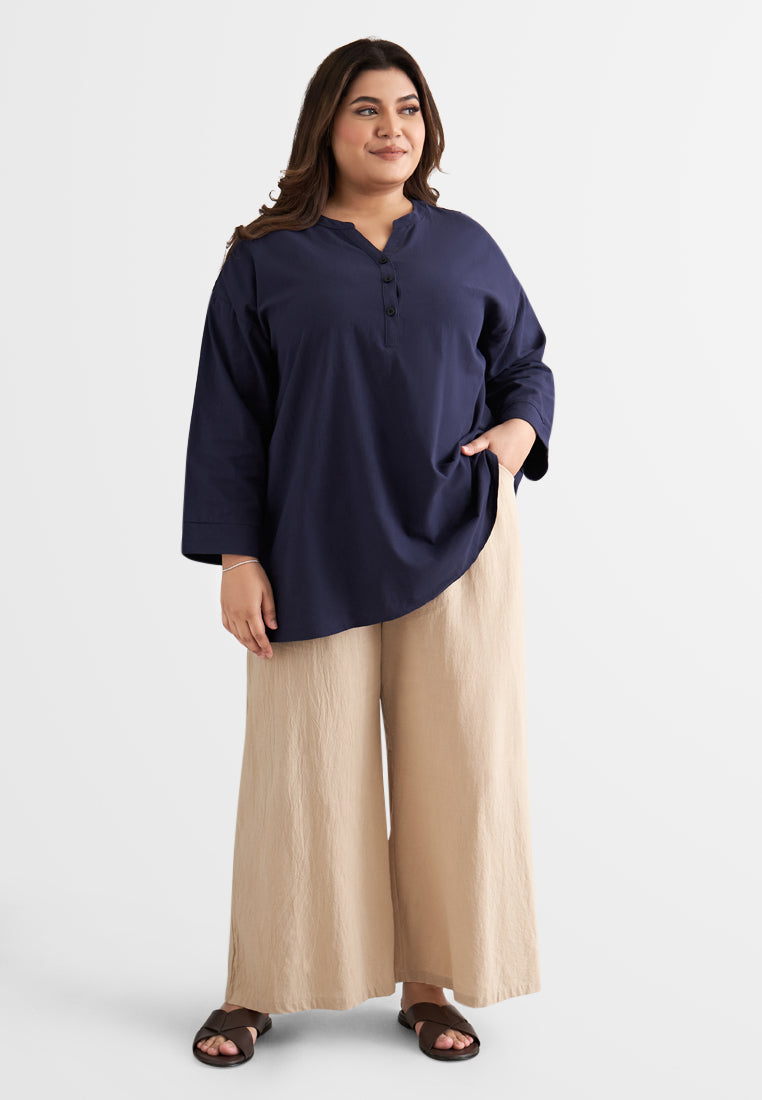 Leia Linen Half Button Stand Collar Blouse - Navy Blue