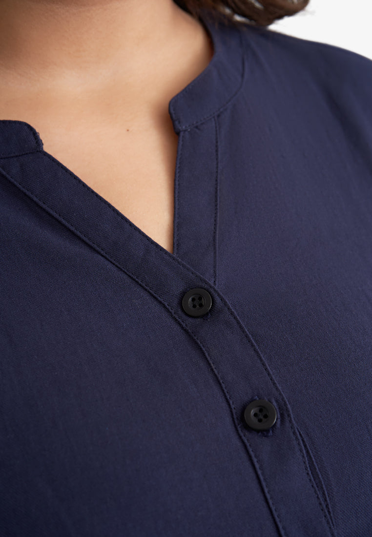 Leia Linen Half Button Stand Collar Blouse - Navy Blue