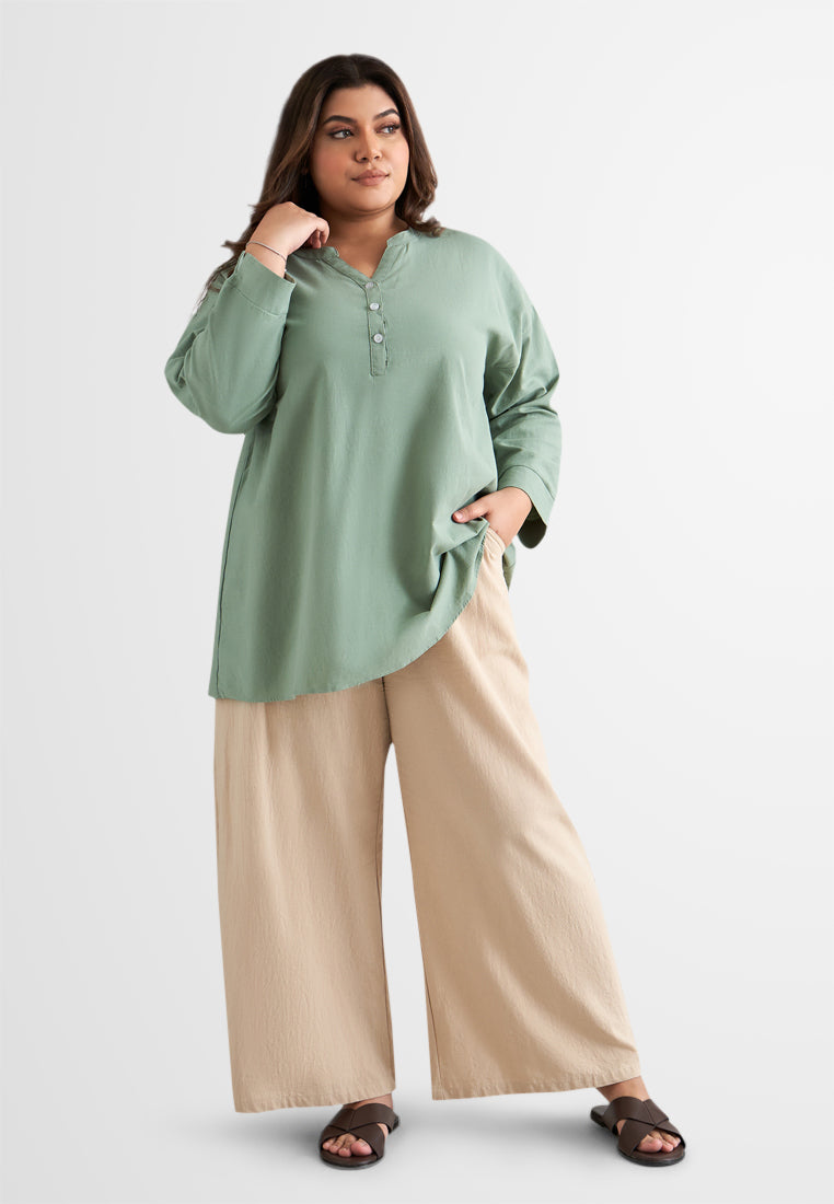 Leia Linen Half Button Stand Collar Blouse - Mint Green