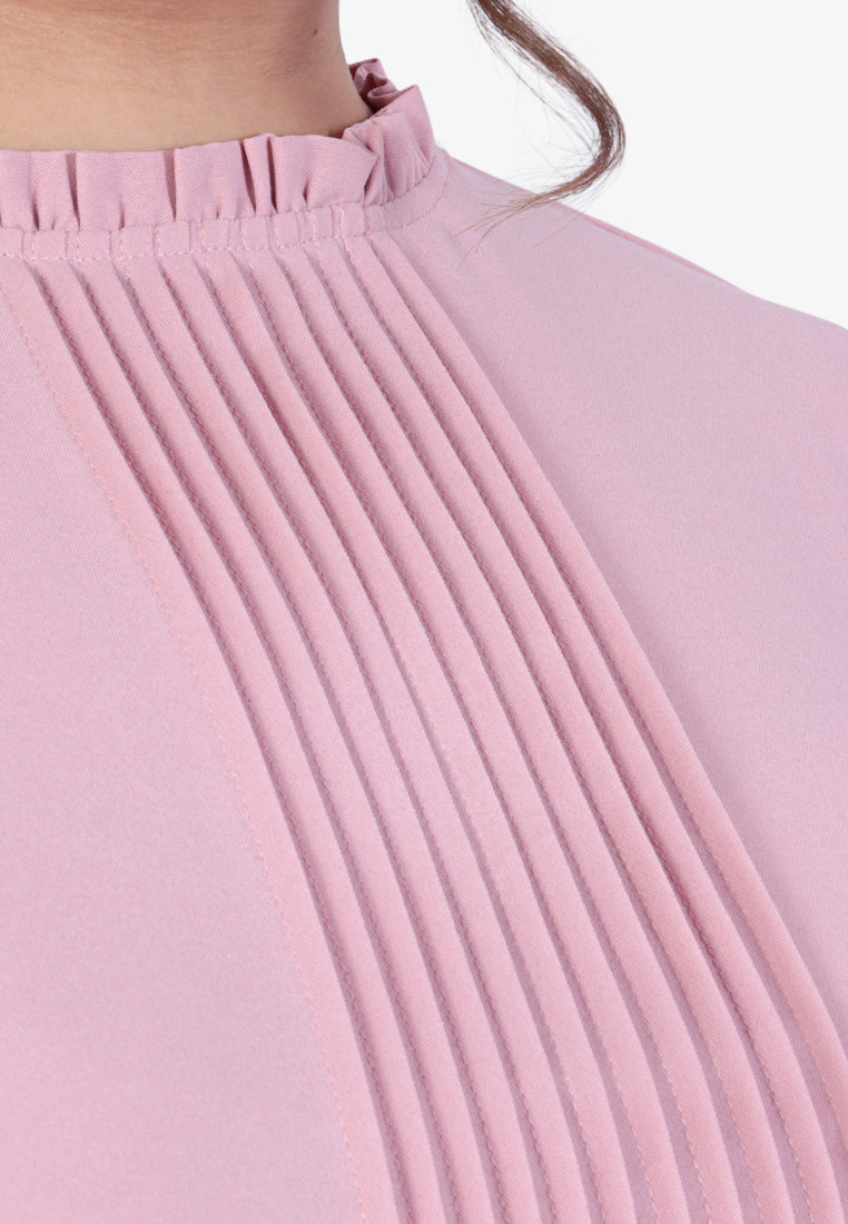 Lindsay Longline Pleated High Neck Blouse - Pink