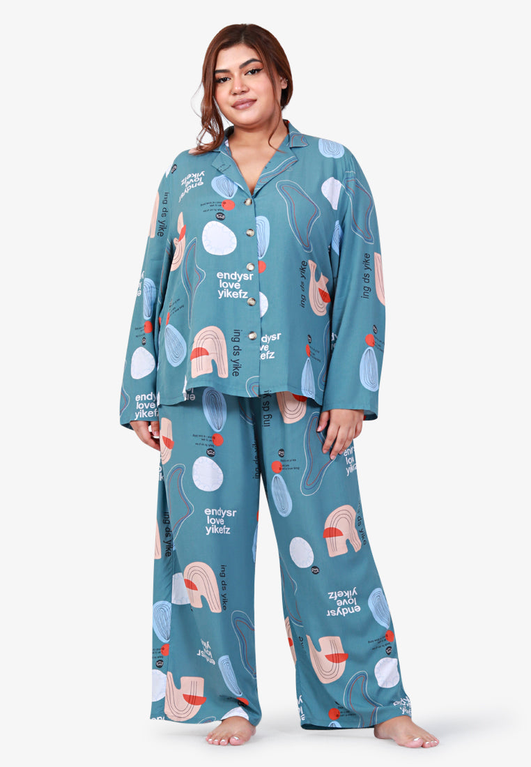 Loana Cotton Rayon Sleepwear Long Sleeves Set - Navy Blue