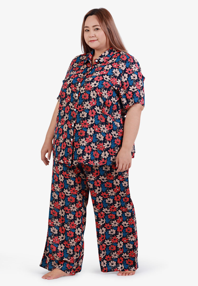 Londi Cotton Rayon Sleepwear Long Pajama Shirt Set - Dark Blue