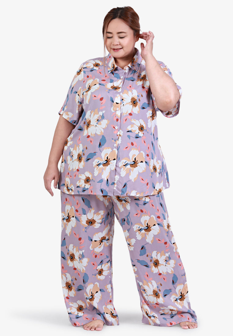 Londi Cotton Rayon Sleepwear Long Pajama Shirt Set - Purple