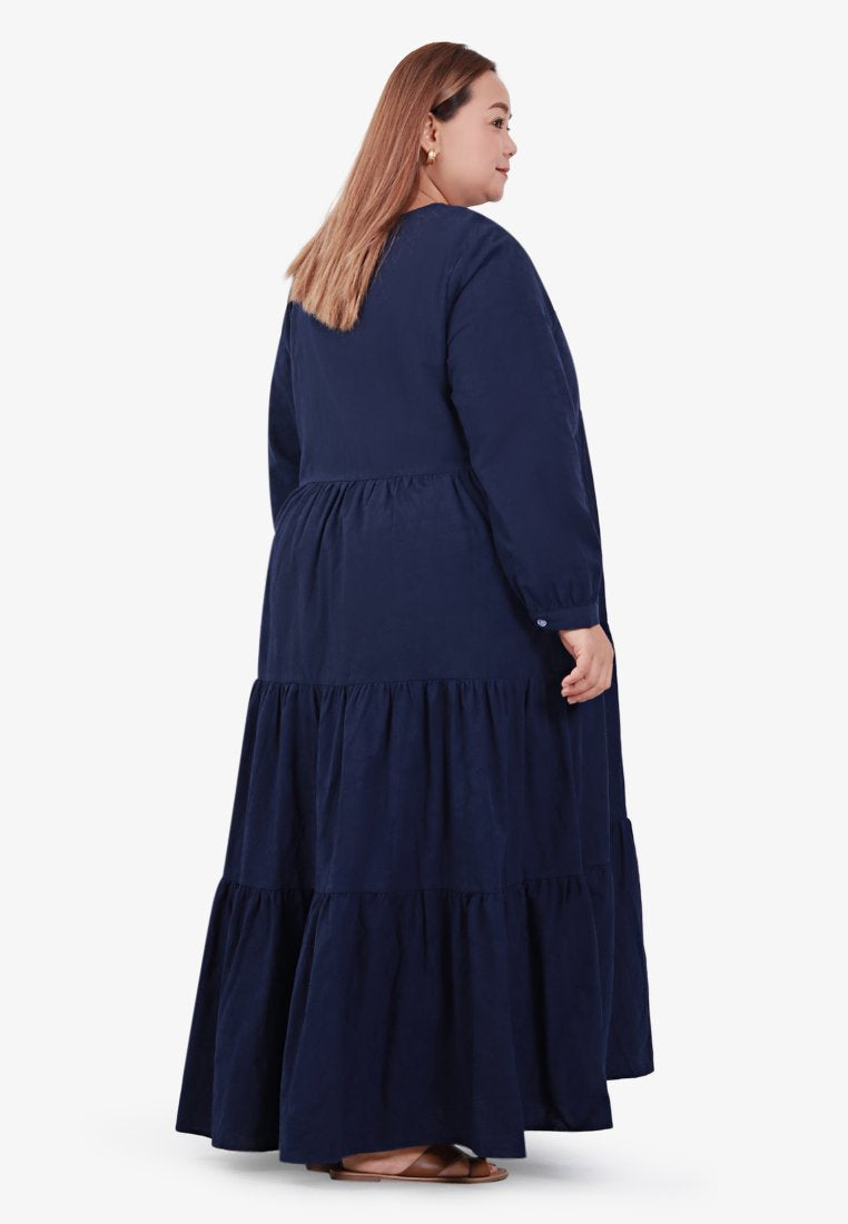 Lucia Cotton Textured Embroidery Maxi Dress - Navy Blue