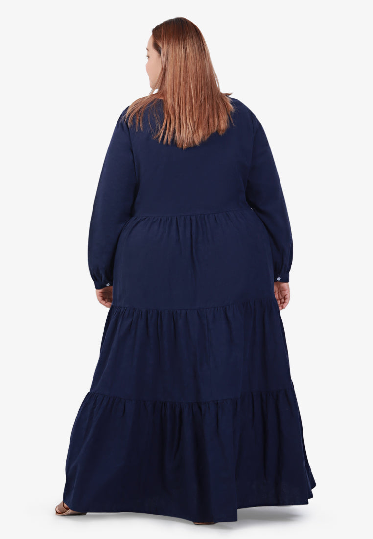 Lucia Cotton Textured Embroidery Maxi Dress - Navy Blue