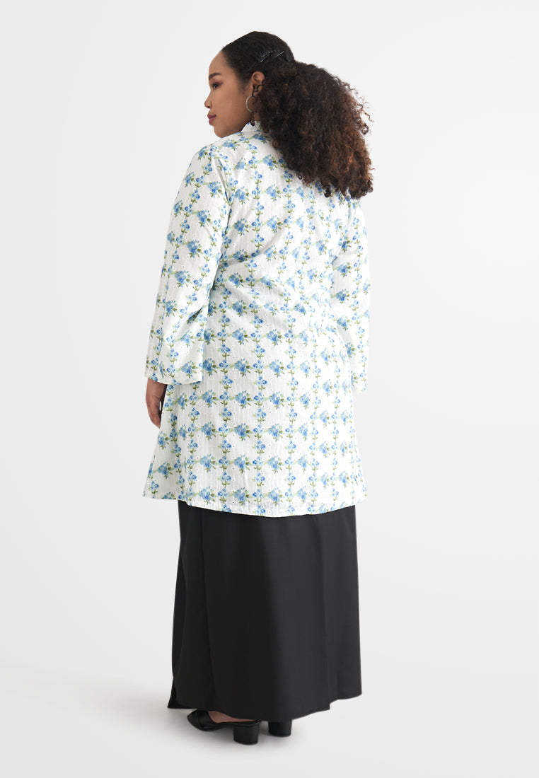 Melati High Neck Embroidery Long Kurung Top - Blue