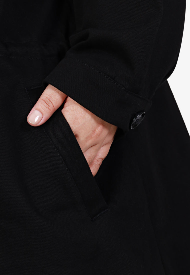 Parca Long Cinched Button Stretch Jacket - Black