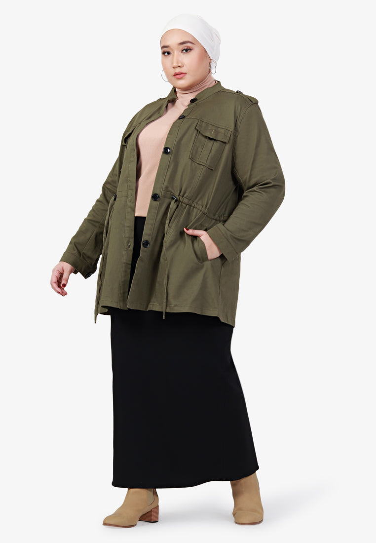 Parca Long Cinched Button Stretch Jacket - Army Green