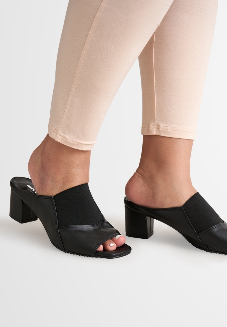 Pippa Stretchable Peep Toe Mule Heels - Black