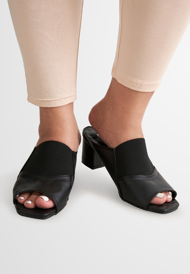 Pippa Stretchable Peep Toe Mule Heels - Black