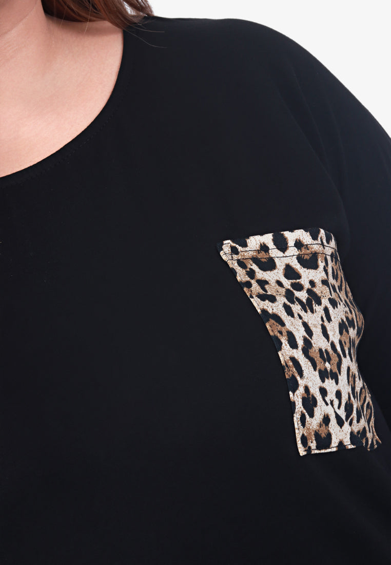 Poetri Black Printed Pocket Tee - Big Leopard