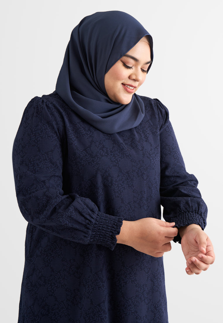 Puspa Puff Sleeve Embroidery Kurung Pahang Set - Midnight Blue