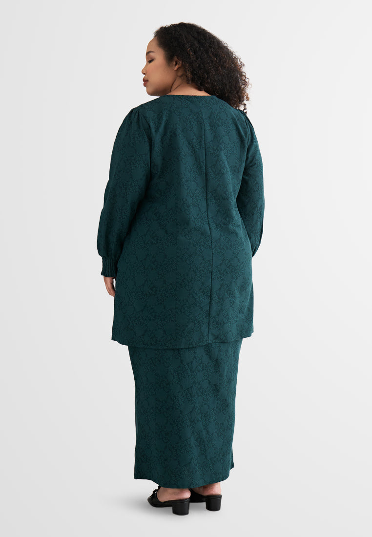 Puspa Puff Sleeve Embroidery Kurung Pahang Set - Dark Green