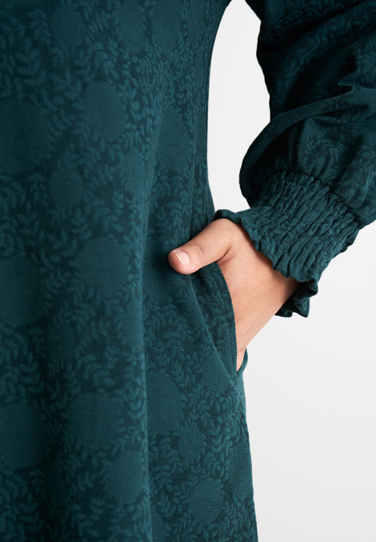 Puspa Puff Sleeve Embroidery Kurung Pahang Set - Dark Green