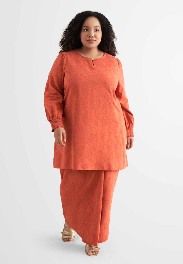 Puspa Puff Sleeve Embroidery Kurung Pahang Set - Brick Orange