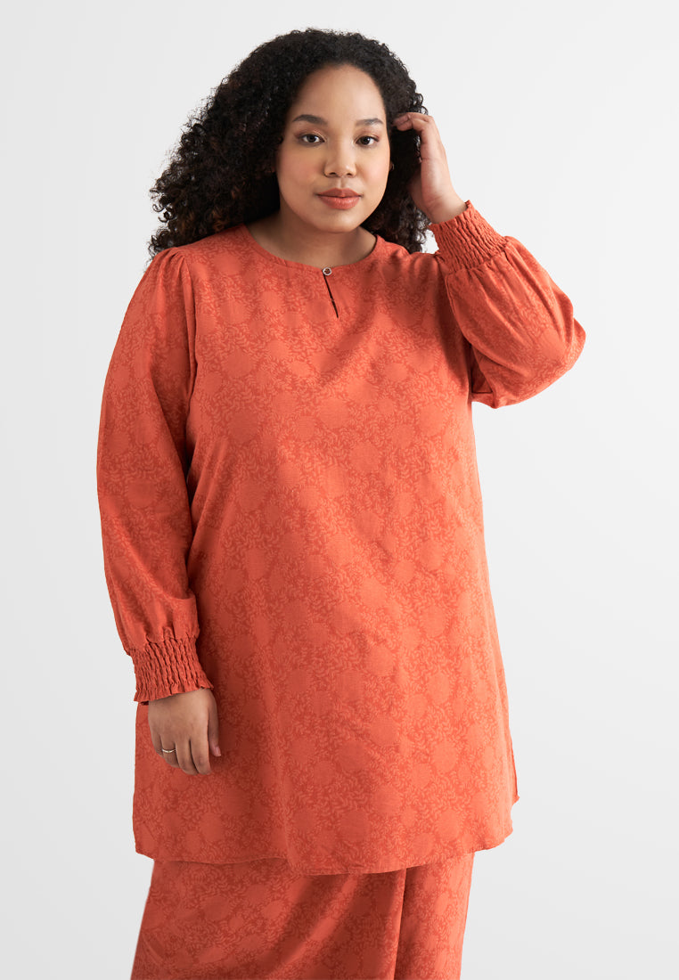 Puspa Puff Sleeve Embroidery Kurung Pahang Set - Brick Orange