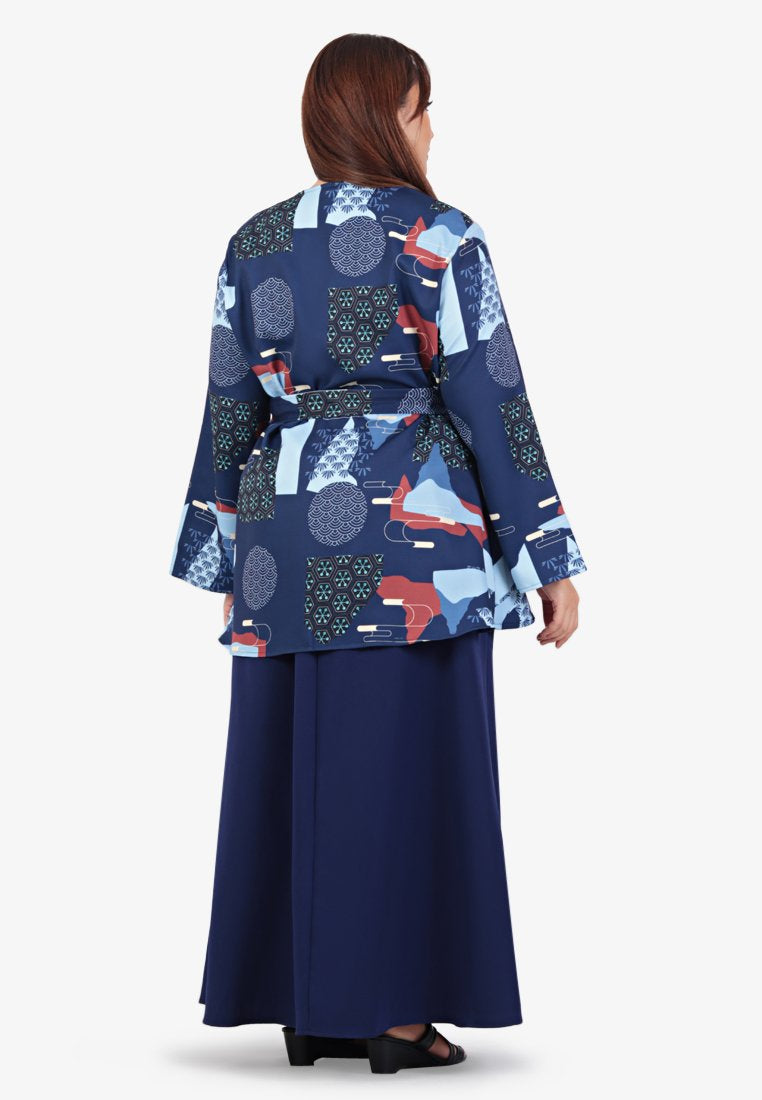 Qailah Raya Japanese Print Kimono Kurung Set - Dark Blue