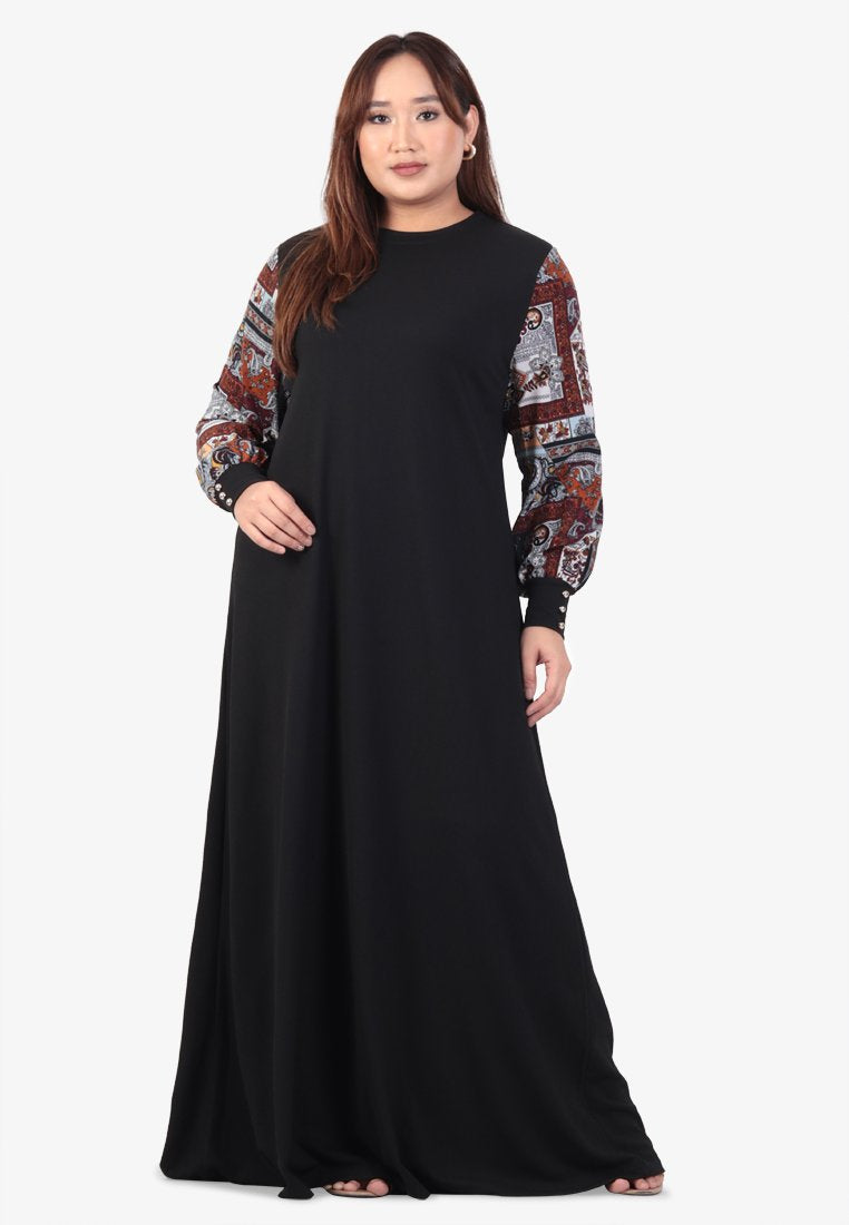 Rania Raya Printed Sleeves Ribbed Long Dress - Abstract