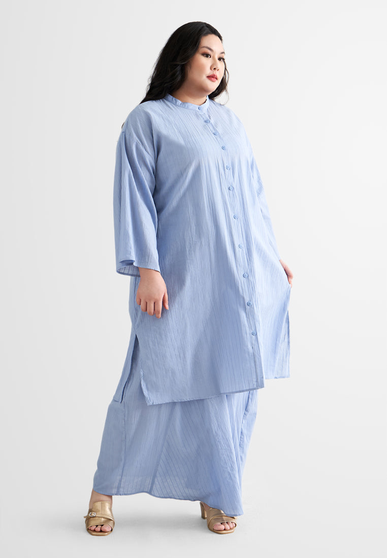 Rashida Long Cotton Button Kurung Top - Blue