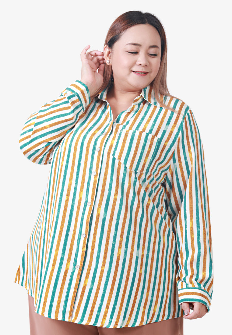 Retro Bold Long Sleeves Stripes Shirt - Green Yellow