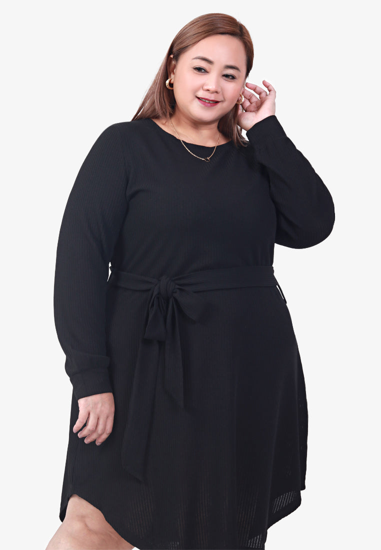 Rianne Ribbed Long Belted Dress Blouse - Black