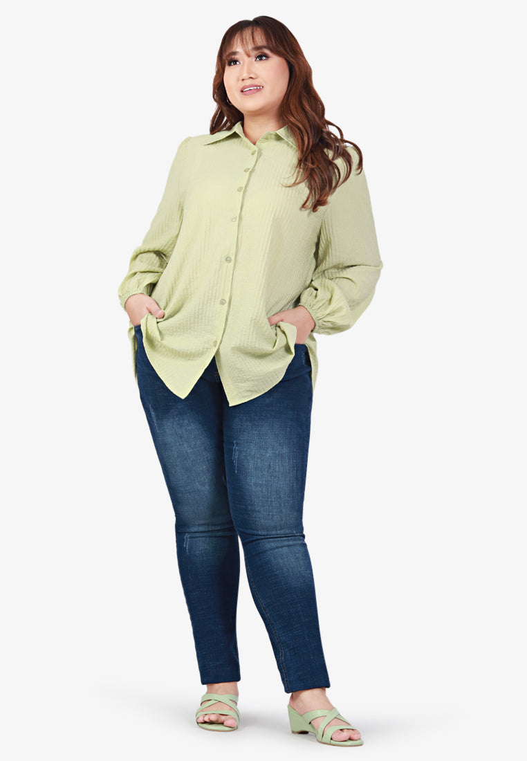 Sallie Puff Sleeve Striped Collar Shirt - Lime Green