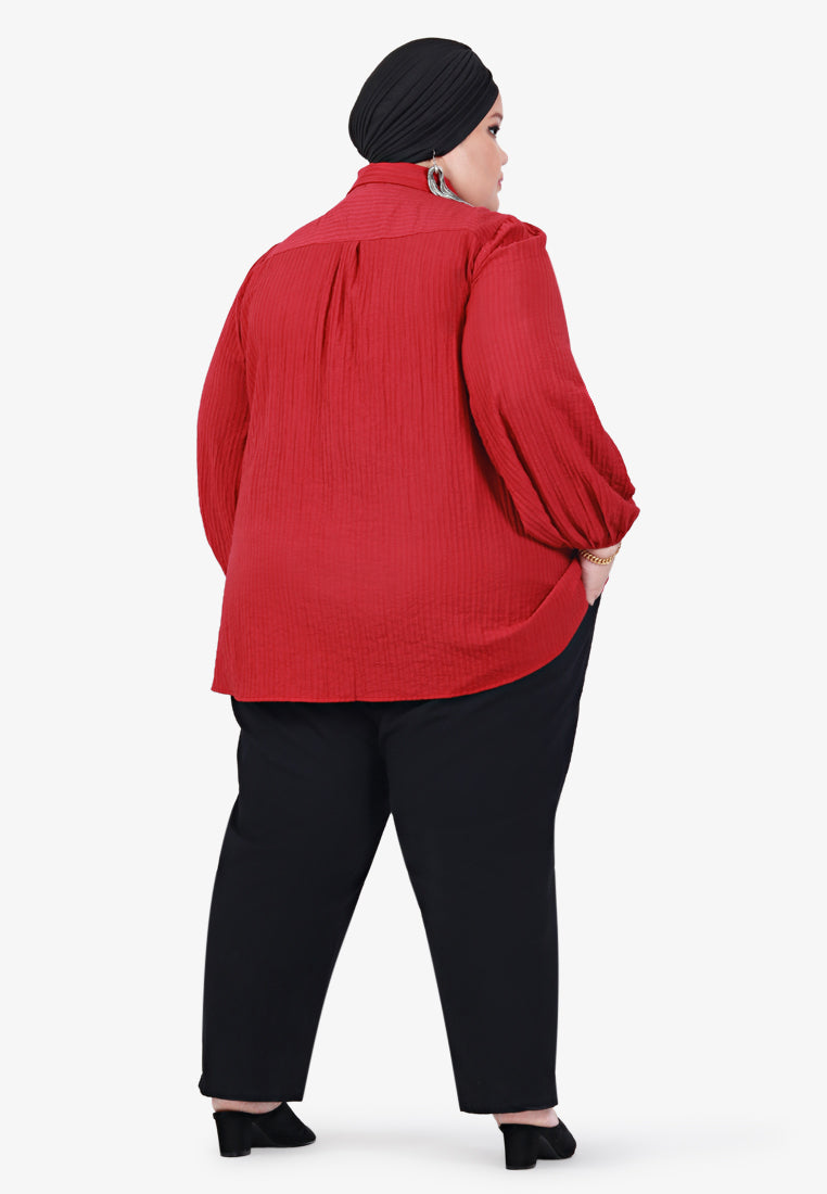 Sallie Puff Sleeve Striped Collar Shirt - Brick Red