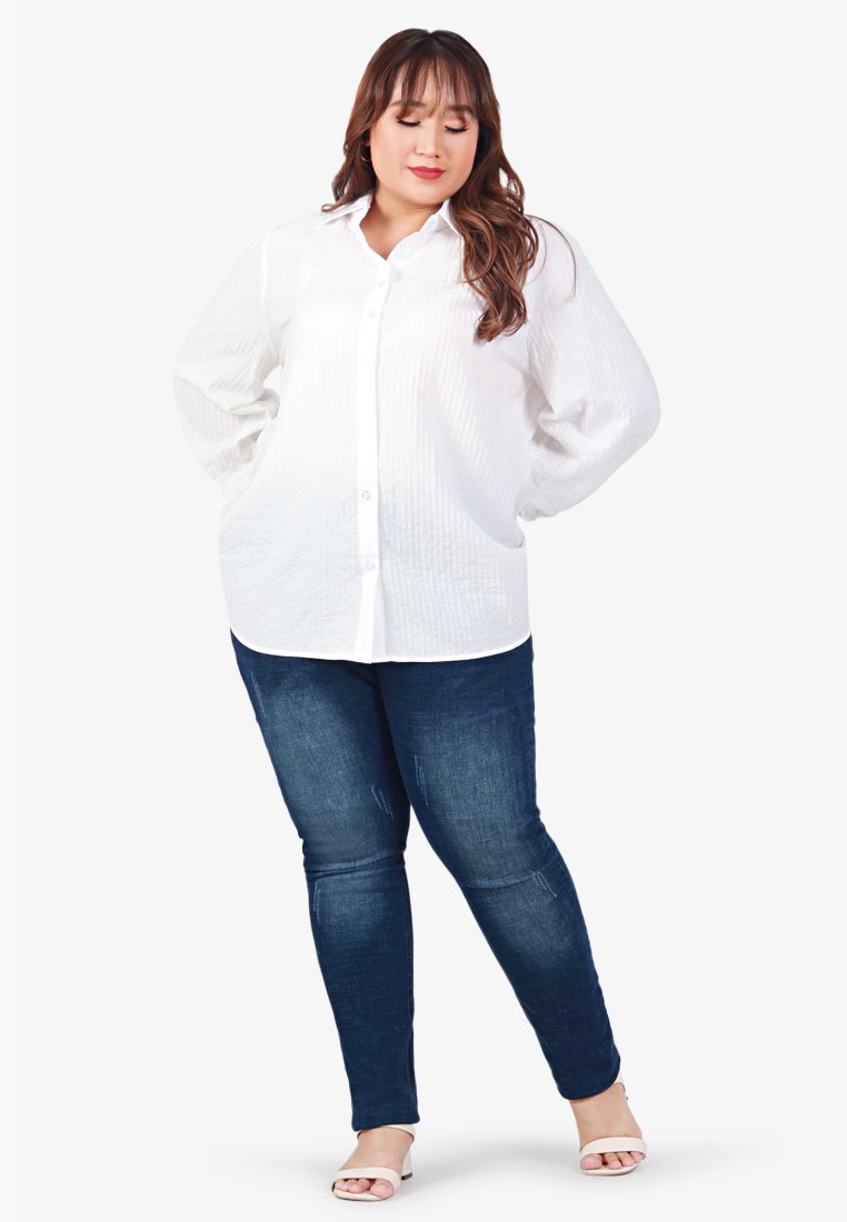 Sallie Puff Sleeve Striped Collar Shirt - White