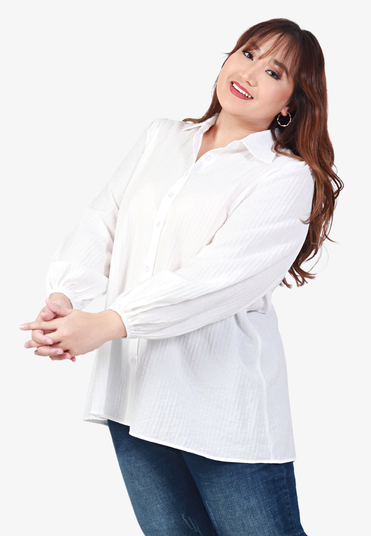 Sallie Puff Sleeve Striped Collar Shirt - White
