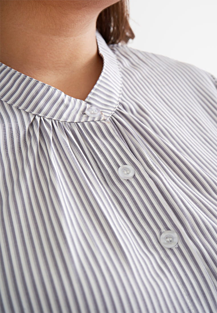 Sammie Stripes Stand Collar Button Blouse - Grey