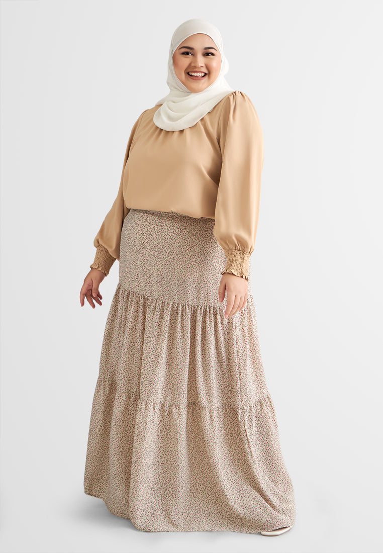 Sandria Long Tiered Skirt - Beige Floral