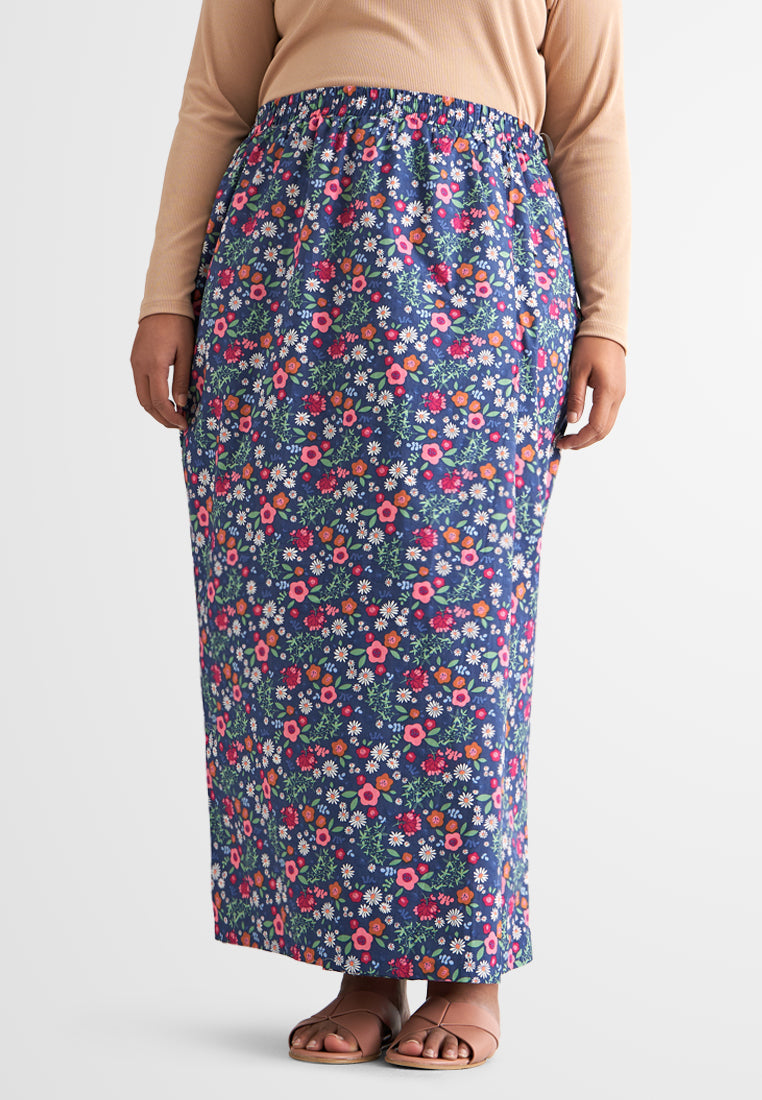 Seroja Raya Eyelet Collection Printed Cotton Skirt - Dark Blue Floral