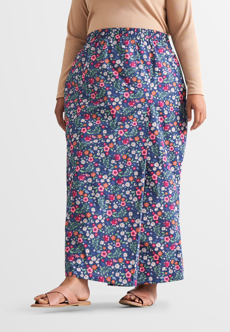 Seroja Raya Eyelet Collection Printed Cotton Skirt - Dark Blue Floral