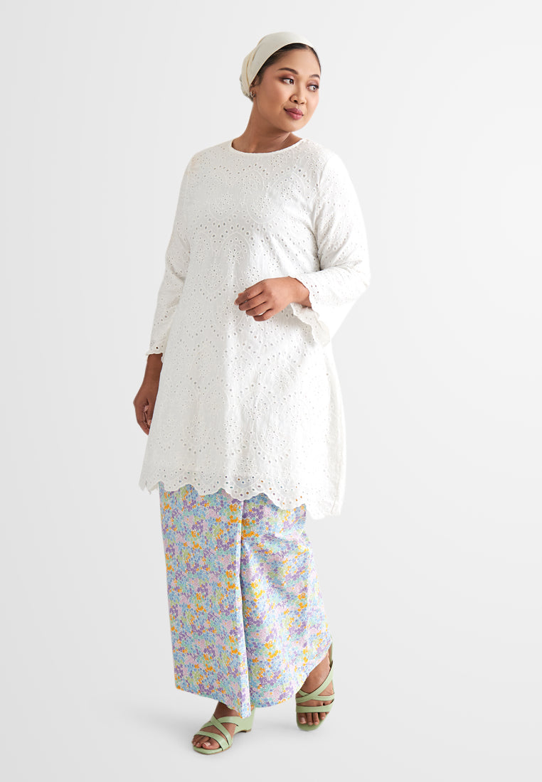 Seroja Raya Eyelet Collection Printed Cotton Skirt - White Floral