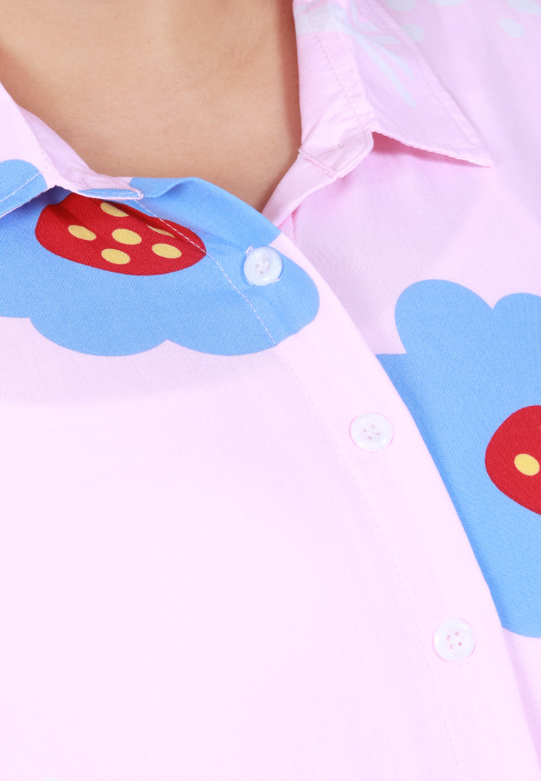 Shadea Cotton Rayon Sleepwear Short Pajama Shirt Set - Pink Flowers
