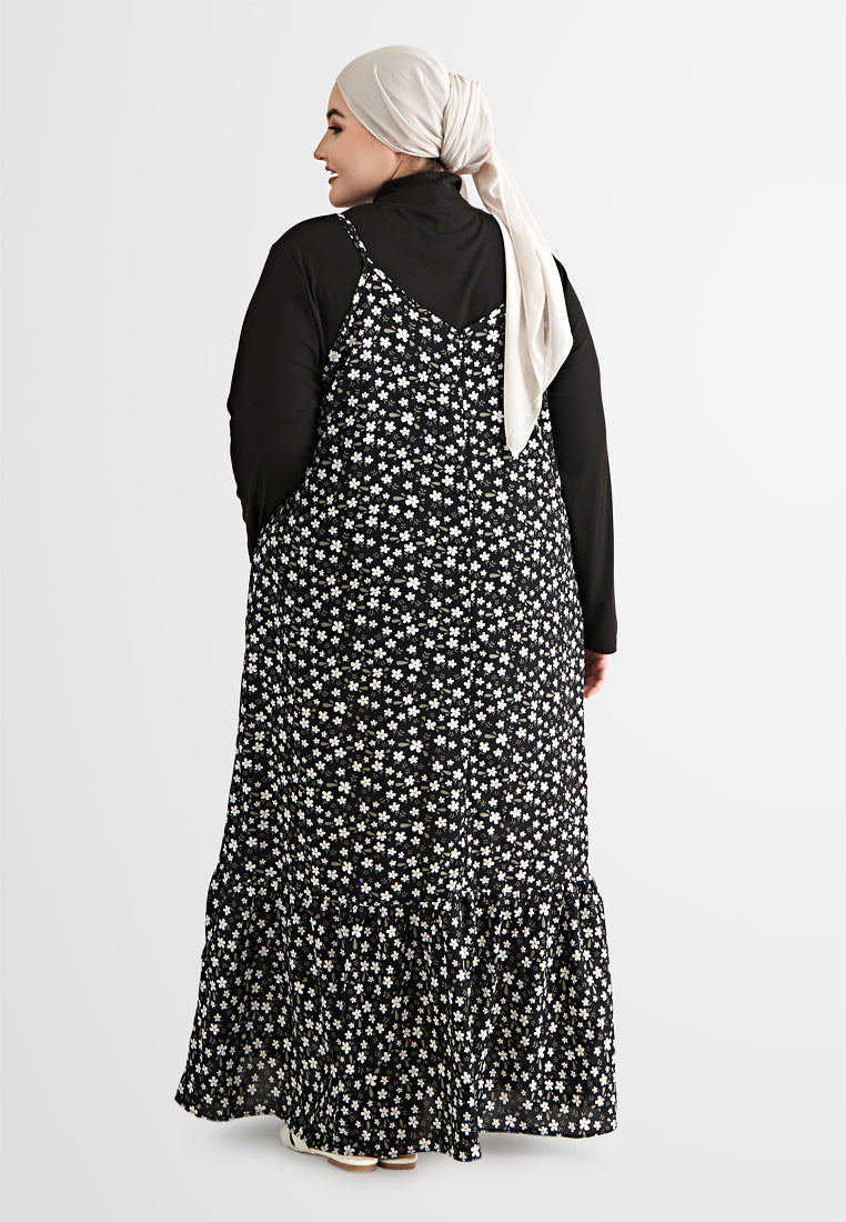 Starlet Floral Long Camisole Dress - Black