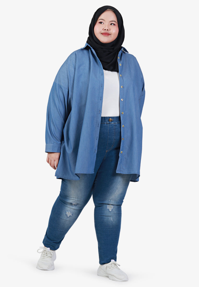 Stephanie Statement Long Oversized Outerwear Shirt - Denim Blue