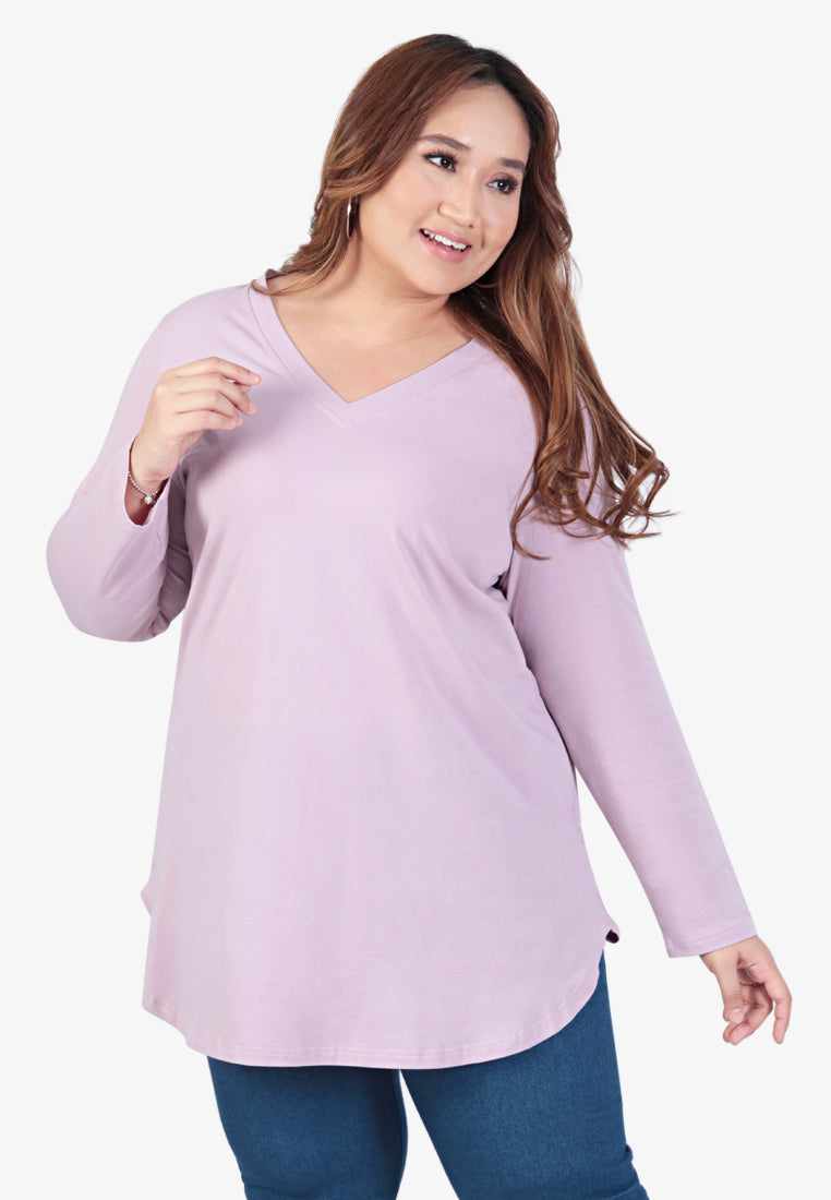 Viviana V-neck Long Sleeve Basic Tee - Lilac Pink