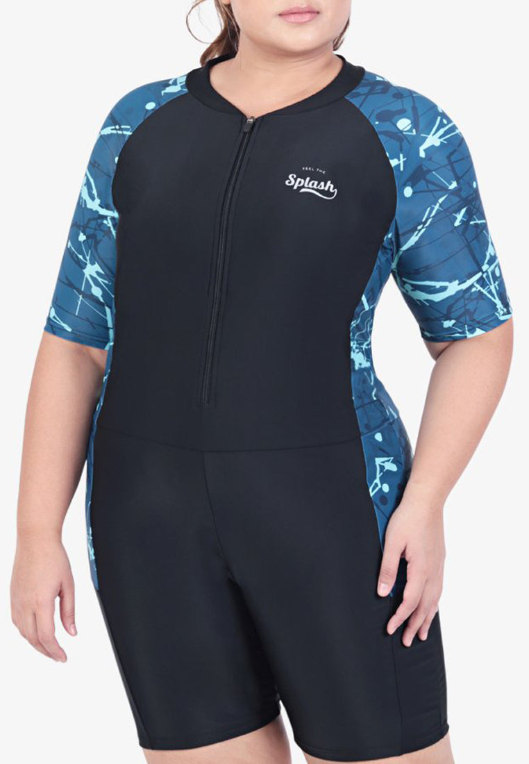 Wade Short Sleeve & Shorts Swim Bodysuit - Blue Splatter