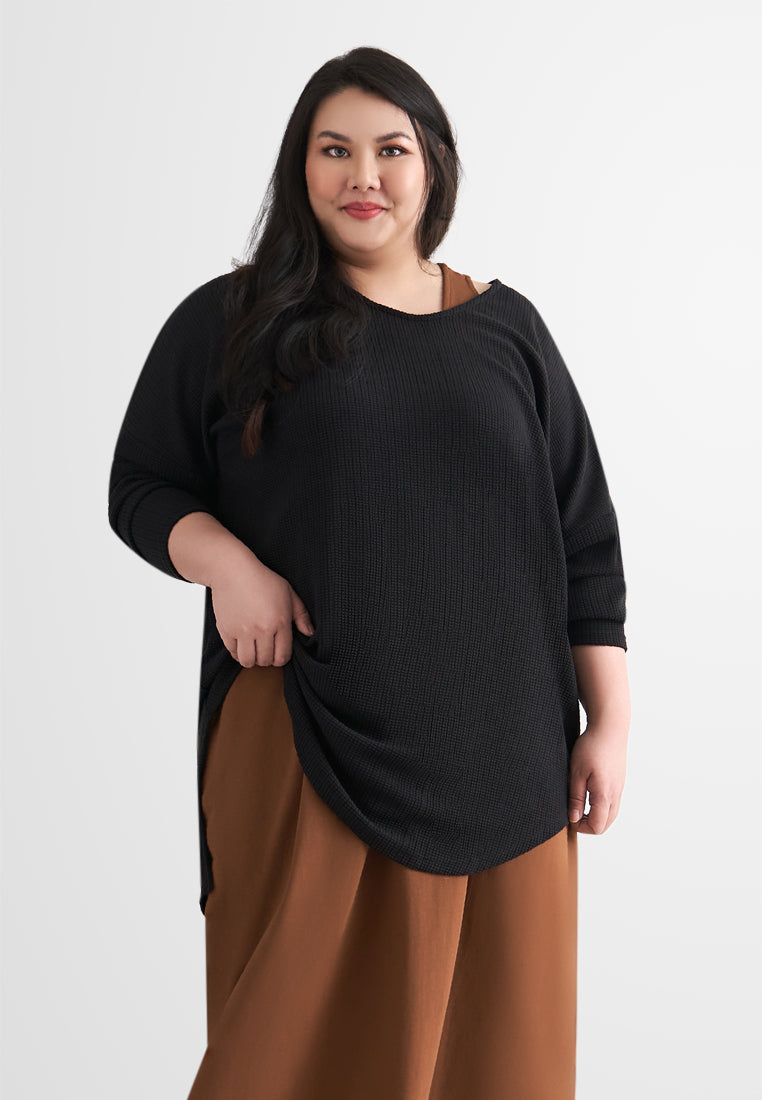 Wanetta Waffle Scoop Neck Knitted Long Top - Black