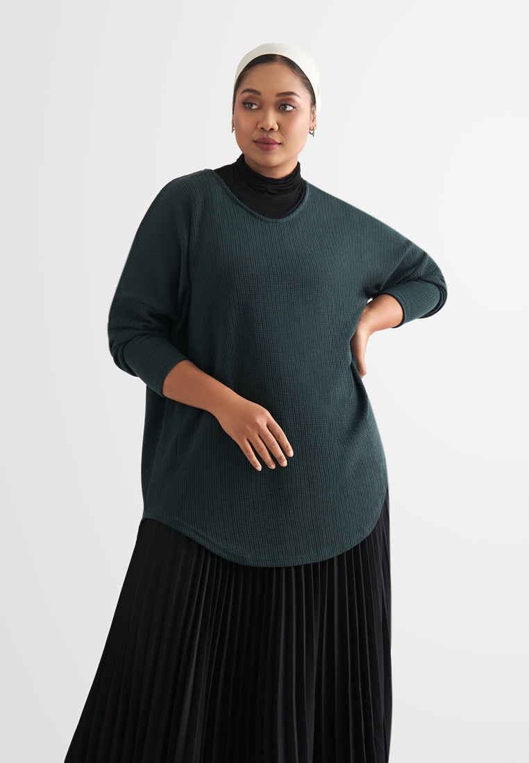 Wanetta Waffle Scoop Neck Knitted Long Top - Black