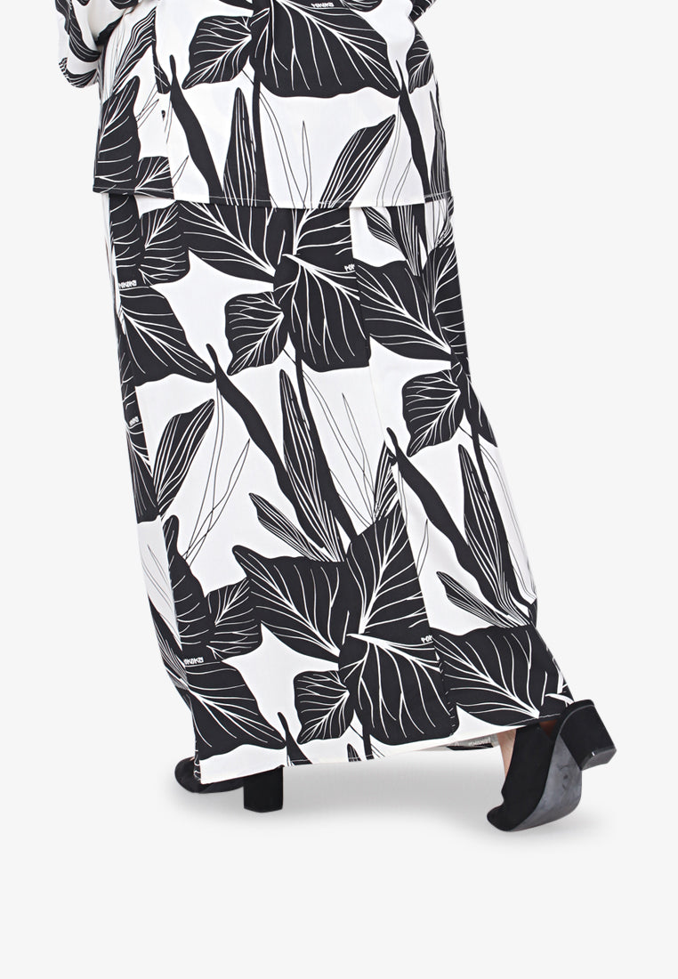 Wau Pokoks Collection Linen Long Skirt - Black Print