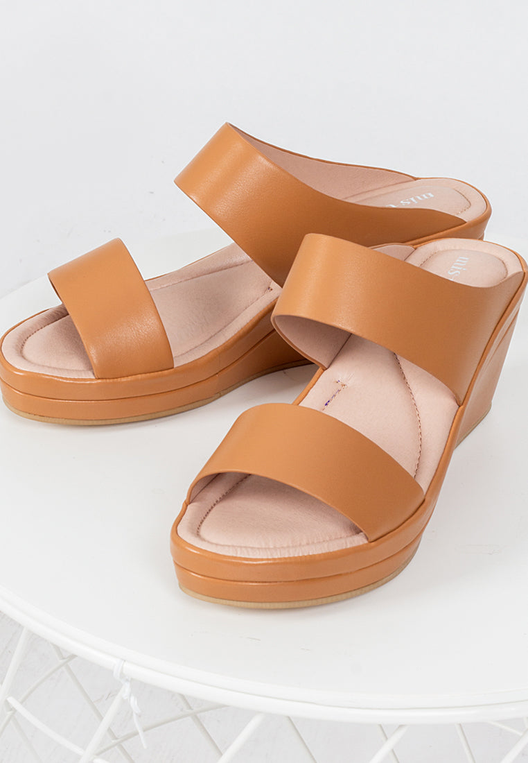 Weslee Extra Wide Strap Comfort Wedge Heels - Tan