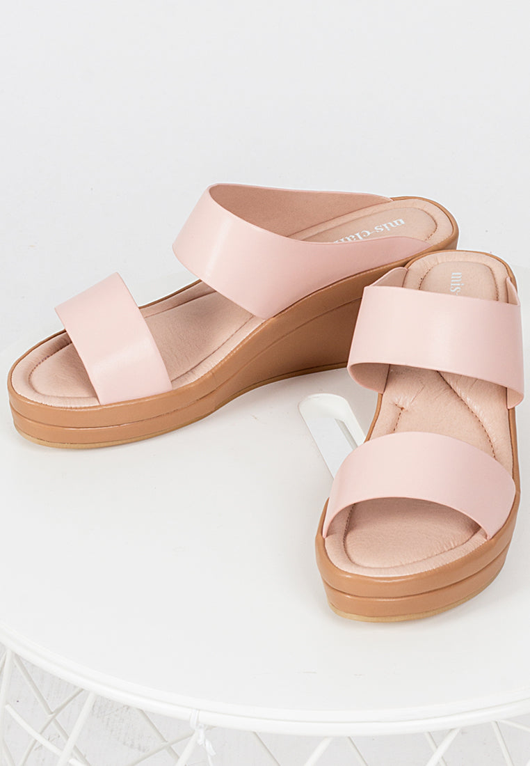 Weslee Extra Wide Strap Comfort Wedge Heels - Light Pink
