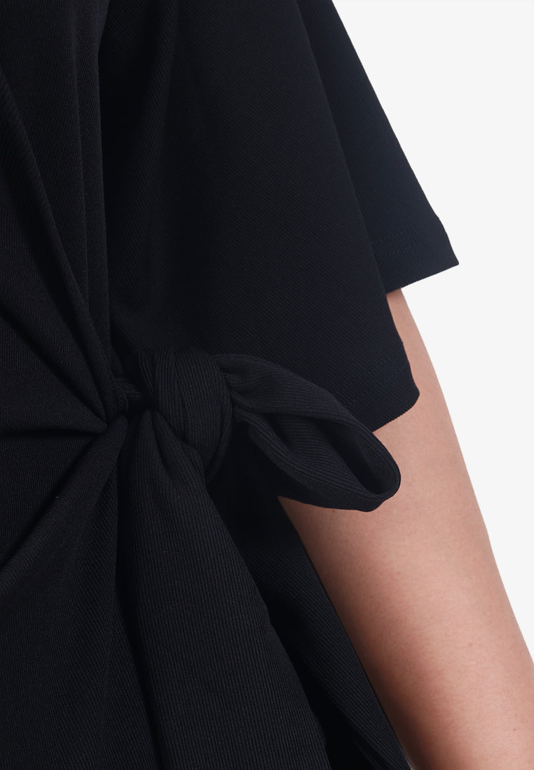 Wilda Ribbed Faux Wrap Midi Dress - Black